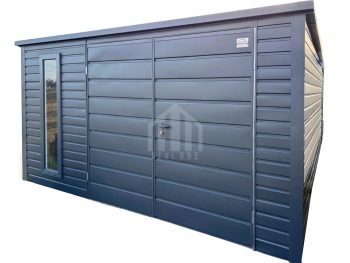 Schowek - domek ogrodowy 3,5x4m + wiata 0,5m - brama dwuskrzydłowa - okno - antracyt - dach spad w tył - rynny SO101