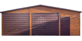 Garaż blaszany 9x6m - 2x brama uchylna - drzwi - 3x okno - jasny orzech - drewnopodobny - dach dwuspadowy - rynny SO110