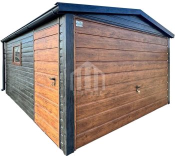 Garaż blaszany 3x4m - brama uchylna - drzwi - okno - sosna norweska - jasny orzech - drewnopodobny - dach dwuspadowy - rynny SO112