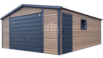 Garaż blaszany 4,5x5m - brama uchylna - drzwi - okno - jasny orzech - drewnopodobny - dach dwuspadowy SO114