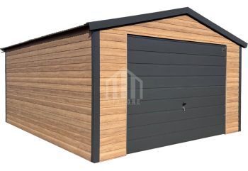Garaż blaszany 4x4m - brama uchylna - drzwi - okno - winchester - drewnopodobny - dach dwuspadowy SO116
