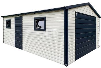 Garaż blaszany 4x5m - brama uchylna - 2x okno - drzwi - antracyt - biały - dach dwuspadowy - rynny SO117