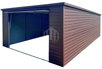Garaż blaszany 4x5m - brama uchylna - ciemny brąz - dach spad w tył SO118