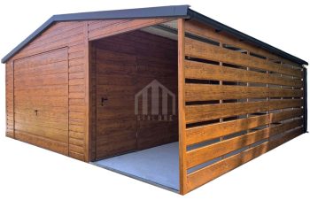 Garaż blaszany 4x6m + wiata 2m - brama uchylna - drzwi - okno - jasny orzech - drewnopodobny - dach dwuspadowy - rynny SO119