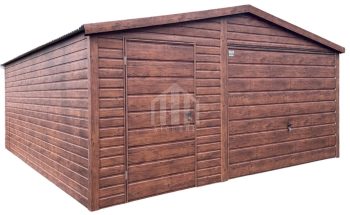 Garaż blaszany 5x5m - brama uchylna - drzwi - ciemny orzech - drewnopodobny - dach dwuspadowy SO120