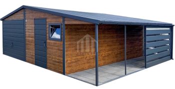 Garaż blaszany 6,5x6m + wiata 2,5m - brama - drzwi - okno - ciemny orzech - drewnopodobny - dach dwuspadowy - rynny SO121