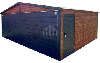 Garaż blaszany 6x4m - 2x brama uchylna - drzwi - ciemny orzech - drewnopodobny - dach dwuspadowy SO122