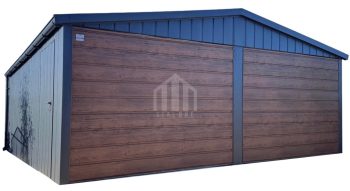 Garaż blaszany 6x5,8m - 2x brama uchylna - drzwi - ciemny orzech - antracyt - dach dwuspadowy - rynny SO123