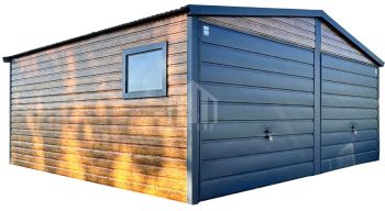 Garaż blaszany 6x5m - 2x brama uchylna - okno - antracyt - jasny orzech - drewnopodobny - dach dwuspadowy SO124