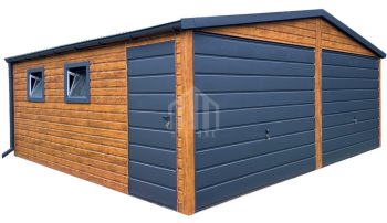 Garaż blaszany 6x5m - 2x brama uchylna - 2x okno - drzwi - jasny orzech - drewnopodobny - dach dwuspadowy - rynny SO126