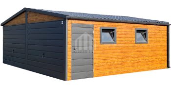 Garaż blaszany 6x5m - 2x brama uchylna - drzwi - 2x okno - jasny orzech - drewnopodobny - dach dwuspadowy - blachodachówka - rynny SO127