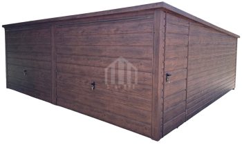 Garaż blaszany 6x5m - 2x brama uchylna - drzwi - ciemny orzech - drewnopodobny - dach spad w tył SO128