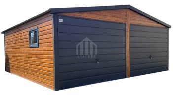 Garaż blaszany 6x5m - 2x brama uchylna - okno - antracyt - jasny orzech - drewnopodobny - dach dwuspadowy SO129