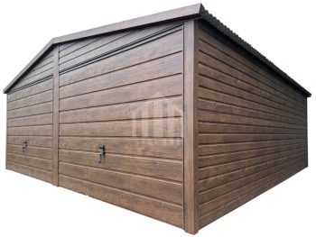 Garaż blaszany 6x5m - 2x brama uchylna - okno - ciemny orzech - drewnopodobny - dach dwuspadowy SO130