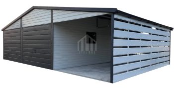 Garaż blaszany 6x5m + wiata 3m - 2x brama uchylna - okno - biały - dach dwuspadowy - rynny SO131