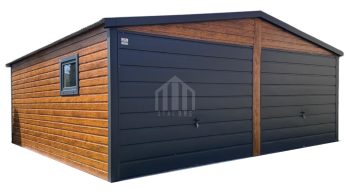 Garaż blaszany 6x6m - 2x brama uchylna - okno - jasny orzech - drewnopodobny - antracyt - dach dwuspadowy SO132