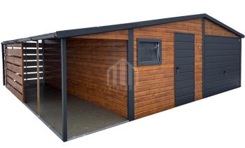 Garaż blaszany 6x6m + wiata 2m - brama uchylna - drzwi - okno - jasny orzech - drewnopodobny - dach dwuspadowy - rynna SO134