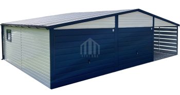 Garaż blaszany 6x6m + wiata 3m - 2x brama uchylna - okno - drzwi - antracyt - biały - dach dwuspadowy - rynny SO135