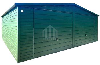 Garaż blaszany 7x5m - 2x brama uchylna - zielony - dach dwuspadowy  SO136