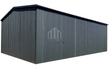 Hala - garaż blaszany - 9x6m - 3x brama dwuskrzydłowa - antracyt - dach dwuspadowy odwrócony - rynna SO147