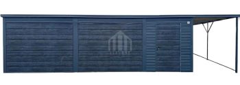 Garaż blaszany 8x5m + wiata 2m - 2x brama uchylna - okno - drzwi - antracyt - sosna norweska - drewnopodobny - dach spad w tył  SO137