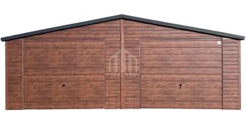 Garaż blaszany 8x6m - 2x brama uchylna - drzwi - ciemny orzech - drewnopodobny - dach dwuspadowy - rynny  SO138