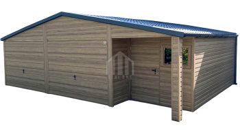 Garaż blaszany 8x6m + wnęka - 2x brama uchylna - drzwi - okno - jasny orzech - drewnopodobny - dach dwuspadowy - blachodachówka - rynny  SO139