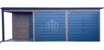 Garaż blaszany 9x4,5m + wnęka - 2x brama uchylna - drzwi - 2x okno - ciemny orzech - drewnopodobny - dach spad w przód - rynna  SO140