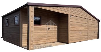 Garaż blaszany 9x4m + wnęka - 2x brama uchylna - drzwi - 3x okno - winchester - drewnopodobny - dach dwuspadowy - rynny  SO141