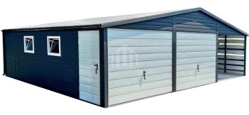 Garaż blaszany 6x6m + wiata 3m - 2x brama uchylna - drzwi - 2x okno - antracyt - biały - rynny - dach dwuspadowy SO105