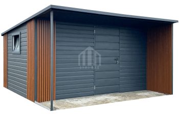 Schowek - domek ogrodowy 4x3m - wiata 4x1m - antracyt - dach spad w tył - podbitka - zabudowa lamelami  SO152