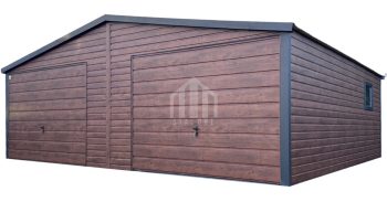 Garaż blaszany 7x5m - 2x brama uchylna - drzwi - 2x okno - ciemny orzech - drewnopodobny - dach dwuspadowy SO106