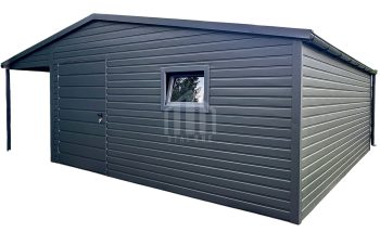 Schowek - domek ogrodowy 4,5x5m + wiata 1,5m - drzwi - okno - antracyt - dach dwuspadowy - blachodachówka - rynny  SO154