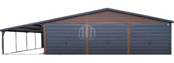 Garaż blaszany 9x4m + wiata 3m - 3x brama uchylna - drzwi - ciemny orzech - drewnopodobny - dach dwuspadowy - rynny SO108