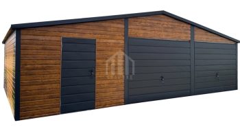 Garaż blaszany 9x5m - 2x brama uchylna - drzwi - jasny orzech - drewnopodobny - dach dwuspadowy SO109