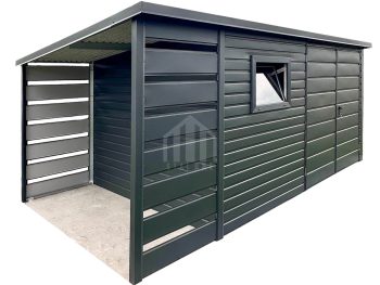 Schowek - domek ogrodowy 3,5x2m - wiata 1m - Brama dwuskrzydłowa - okno - antracyt - dach spad w tył  SO149