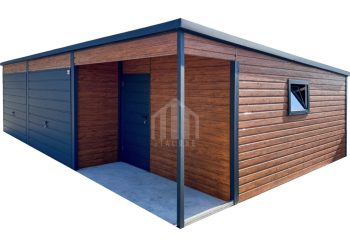 Garaż blaszany 9x5m + wnęka 3x1m - 2x brama uchylna - drzwi - 2x okno - ciemny orzech - drewnopodobny - dach dwuspadowy SO145