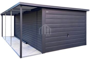 Garaż blaszany 3x6m - wiata 1,5m - brama uchylna - antracyt - rynna - dach spad w tył  SO155