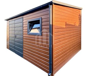 Schowek - domek ogrodowy 4x2m - brama dwuskrzydłowa - okno - złoty dąb - drewnopodobny - rynna - dach spad w przód SO159