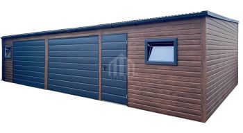 Garaż blaszany 10x3m - 2x brama - drzwi - 2x okno - ciemny orzech - drewnopodobny - antracyt - rynna - dach spad w przód  SO157
