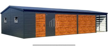 Garaż blaszany 9x6m - wiata 2m - 2x brama - drzwi - 4x okno - antracyt - rynna - dach dwuspadowy odwrócony SO156