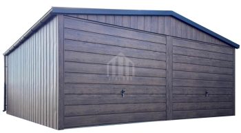 Garaż blaszany 6x6m - 2x brama uchylna - ciemny orzech - drewnopodobny - rynny - dach dwuspadowy SO169
