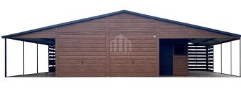 Garaż blaszany 8x6 - 2x wiata - wnęka - 2x brama uchylna - drzwi - 2x okno - ciemny orzech - drewnopodowny - dach dwuspadowy - rynny SO170