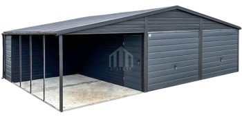 Garaż blaszany 9x6m - wiata 3x5m ze schowkiem 1x3m - 2x brama uchylna - 2x drzwi - okno - czarny - antracyt - dach dwuspadowy - rynny SO171