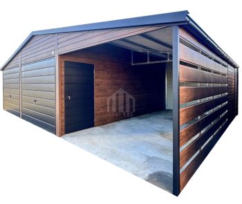 Garaż blaszany 6x6m + wiata 3x6m - 2 x brama uchylna - drzwi - okno - ciemny orzech - drewnopodobny - dach dwuspadowy - rynny SO175