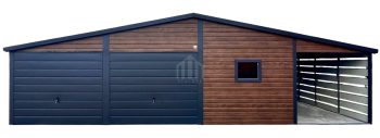 Garaż blaszany 9x6m + wiata 3x6m - 2 x brama uchylna - drzwi - okno - ciemny orzech - drewnopodobny - dach dwuspadowy - rynny SO176