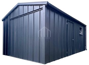 Garaż blaszany 4x6 - brama uchylna - okno - drzwi - antracyt - blacha na rąbek - dach dwuspadowy - rynny SO182