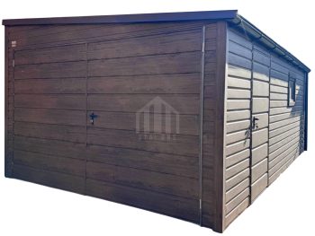 Garaż blaszany 3,5x5m - brama dwuskrzydłowa - drzwi - okno - ciemny orzech - drewnopodobny - dach spad w bok SO181