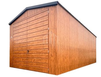 Hala - Garaż blaszany 4x8 m - brama dwuskrzydłowa - jasny orzech - drewnopodobny - dach dwuspadowy SO201