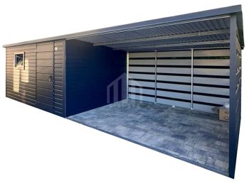Schowek - Domek ogorodowy 4x3 m + wiata 6x3 m - drzwi - okno - antracyt - spad w tył SO203